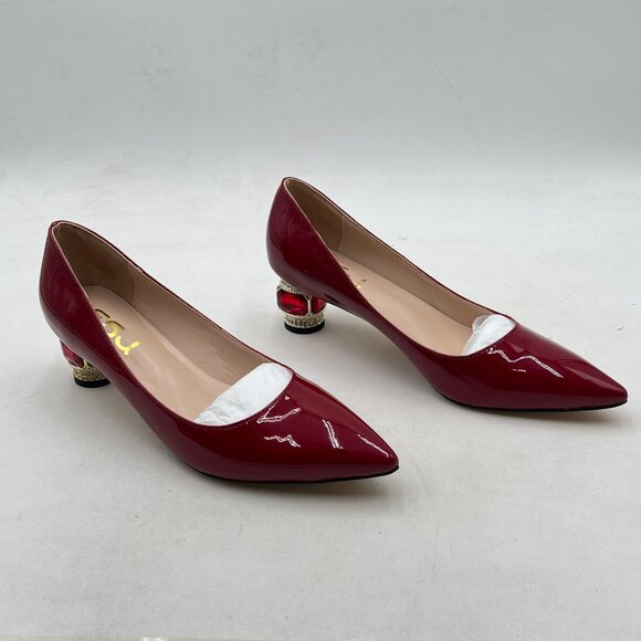 FSJ Dark Red Bridal Pointed Toe Chunky Block Low Heel Crystal Pumps Slip on Shoe - Picture 4 of 8